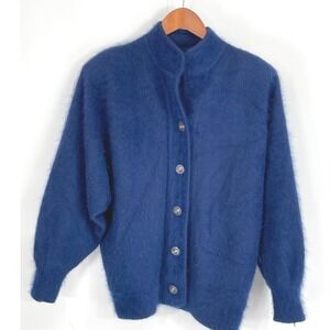 Stillman Studio Womens Cardigan M Mohair Blend Blue Fuzzy Mock Neck Chic Retro